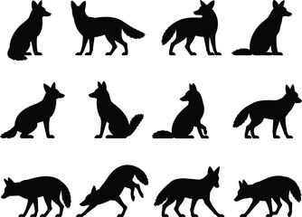 Fox silhouette vector set, wild animal poses, woodland creature icons for logo, tattoo, design, wildlife art, and nature illustrations