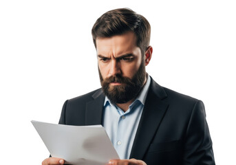 Bearded businessman reading document isolated on transparent background