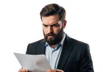 Bearded businessman reading document isolated on transparent background