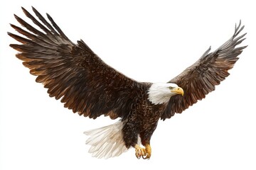 Obraz premium Bald eagle swoops down with powerful wings during a dynamic hunting display in a natural landscape setting