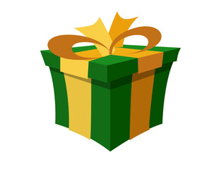 Green holiday gift box icon with yellow bow and ribbon packaging