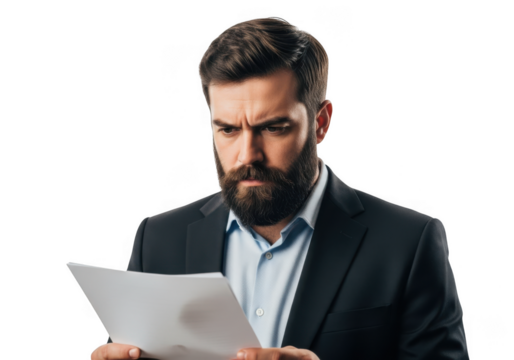Bearded businessman reading document isolated on transparent background