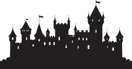 Obraz premium Black silhouette of a fairytale castle with multiple towers and flags white