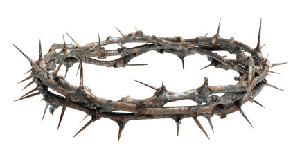 Obraz premium Detailed close-up of a crown of thorns, showing intricate, spiky design. The thorns appear aged, with a muted brown and rusty color, against a black background