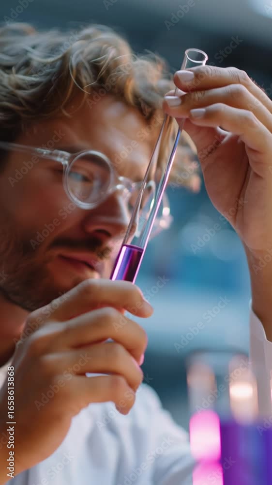 Poster scientist conducts experiments with colorful liquids in modern laboratory setting