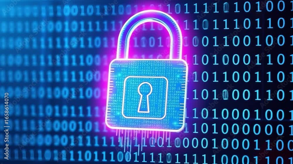 Poster cyber security padlock video digital data protection network privacy encryption glowing technology d