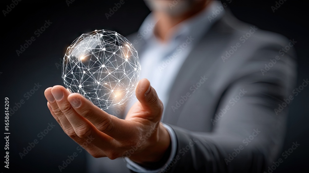 Poster representation of a hand holding a digital world map with interconnected lines, symbolizing global c