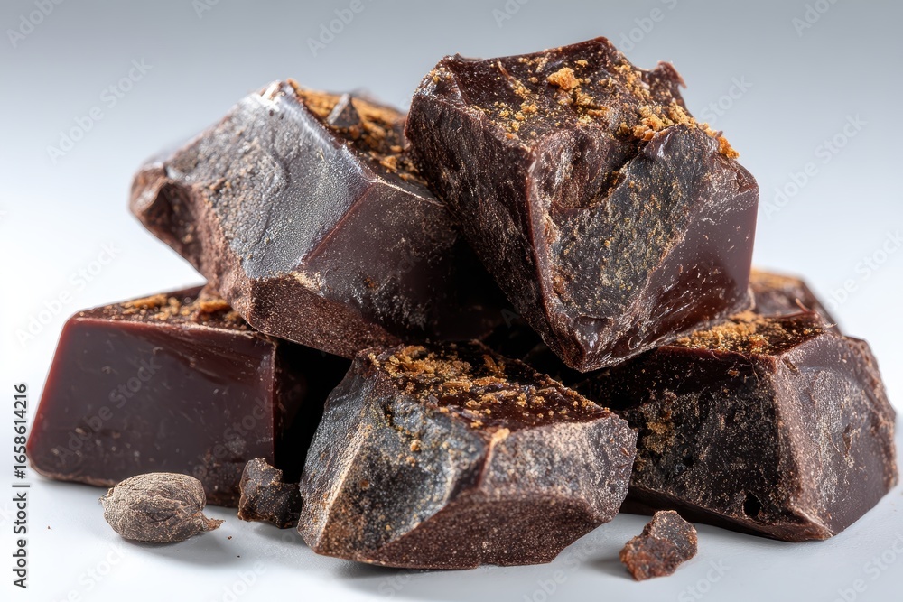 Poster dark chocolate chunks arranged artistically on a white background showcasing rich texture and color 