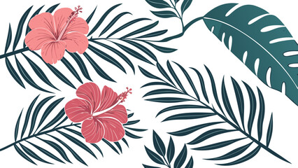 seamless tropical floral pattern with leaves and pink flower