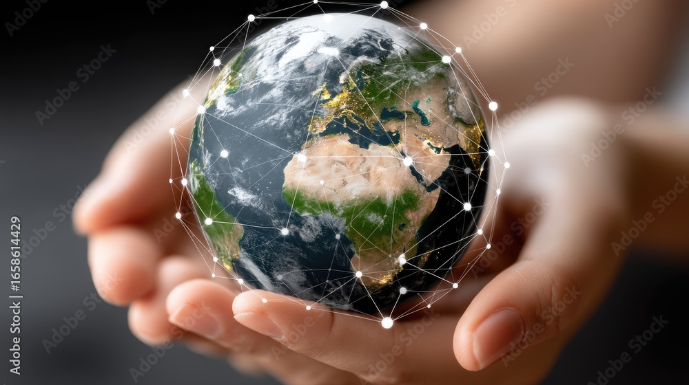 Poster hands holding a globe representing global connectivity and environmental awareness in a modern setti