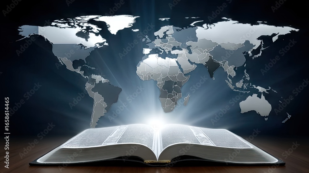 Poster a glowing open book with a world map in the background symbolizes knowledge and discovery across con