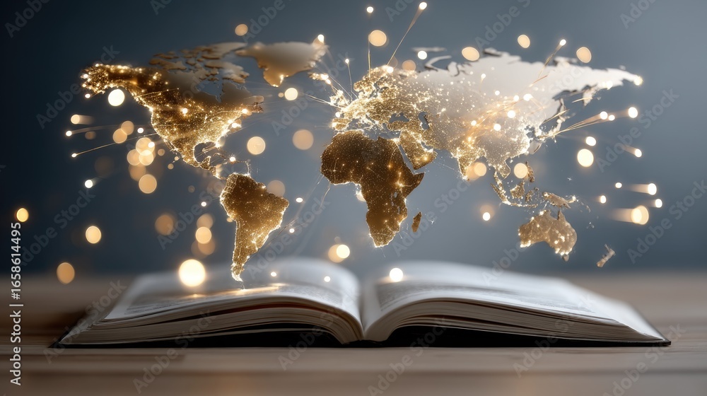 Poster a glowing open book with a world map in the background symbolizes knowledge and discovery across con
