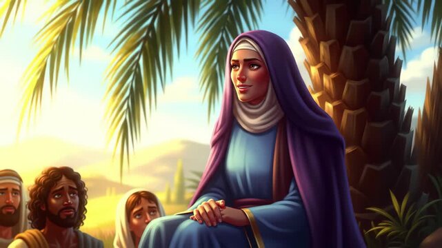 Biblical Prophet Deborah Seated Under Palm Tree on Hillside Judging Israel, Listening to Group of Gathered People in Old Testament Animation Story