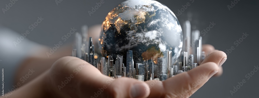Poster hands hold a glowing globe representing global connection and technological advancement in a modern 