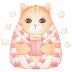 Morning Routine With Cat Concept. Charming cat character wrapped in a colorful blanket, holding a...