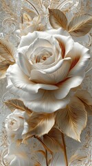 A vivid white rose against a white and gold figure, accented with elegant gold floral designs that add a touch of romance and sophistication. luxury feeling white roses with golden touch