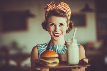Young caucasian female waitress serving burger and milkshake with a smile in retro diner