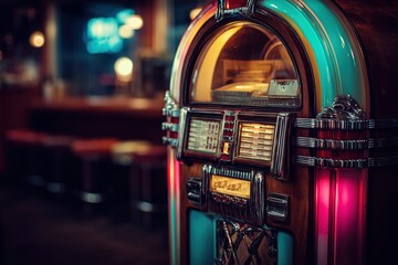 Vintage jukebox in retro diner ambience with warm lighting