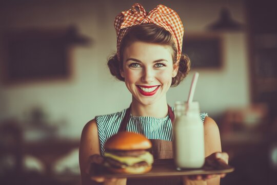 Young caucasian female waitress serving burger and milkshake with a smile in retro diner