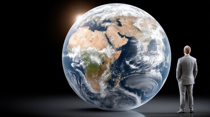 Businessman stands confidently in front of a large globe symbolizing global opportunities and international business growth