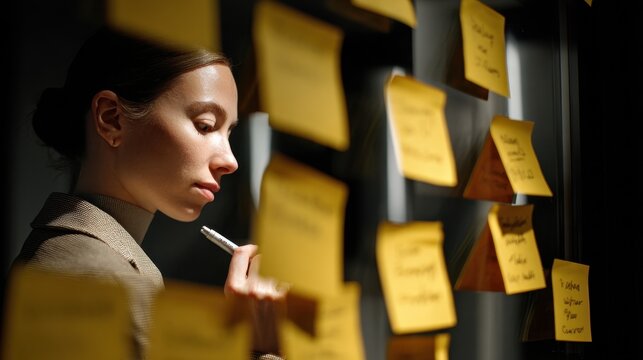 A woman wearing a beige blazer reflects while writing on a notepad surrounded by sticky notes - Powered by Adobe