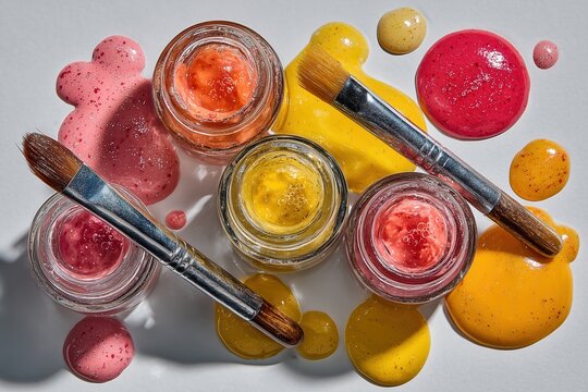 Colorful jars of glittering paint with brushes on white surface