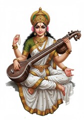 Obraz premium Goddess Saraswati with Veena – Hindu Goddess of Knowledge and Music
