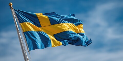 Swedish flag waving against blue sky on a clear day