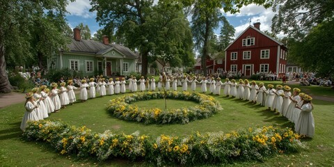 Traditional midsummer celebration: caucasian females in white dresses performing dance in scandinavian countryside