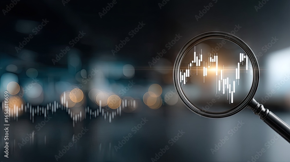 Poster visual representation of data analysis with bar graphs and magnifying glass on a tablet, showcasing 
