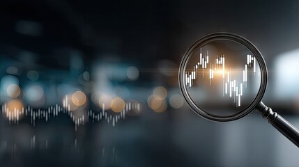 Visual representation of data analysis with bar graphs and magnifying glass on a tablet, showcasing financial growth trends