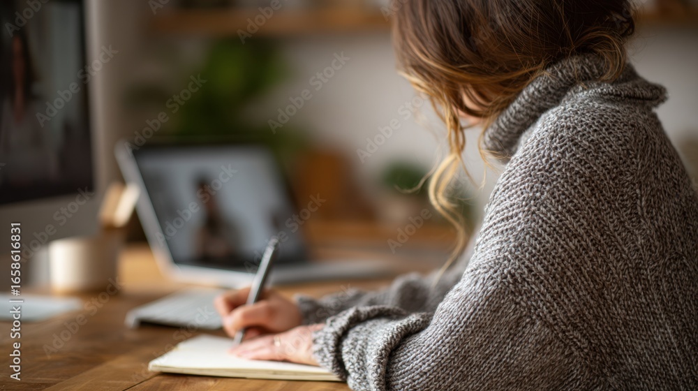 Poster patient seated at a desk medium shot showing notetaking on paper during an online functional tic dis