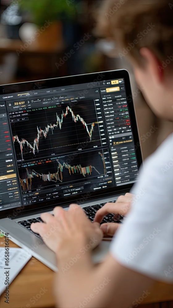 Aufkleber trader analyzes stock market data on laptop during business hours in a busy cafe environment