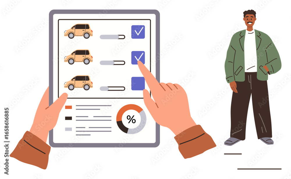 Poster tablet displaying car options with selection checklist, interactive buttons, and data chart. person 