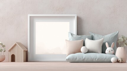 Minimalist Light Blue Sofa with Soft Cushions and Bunny Toy in Cozy Nursery Setting