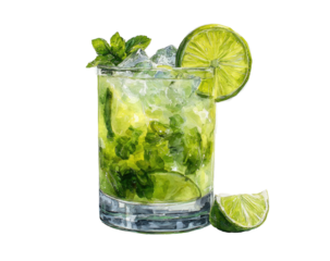 Vibrant, hand-drawn mojito in a glass.  Fresh lime slices, icy cubes, and sprigs of vibrant green herbs top the drink
