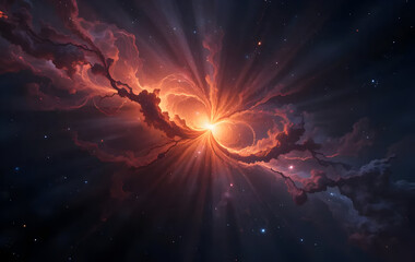 Fiery Cosmic Nebula with Glowing Core in Dark Space