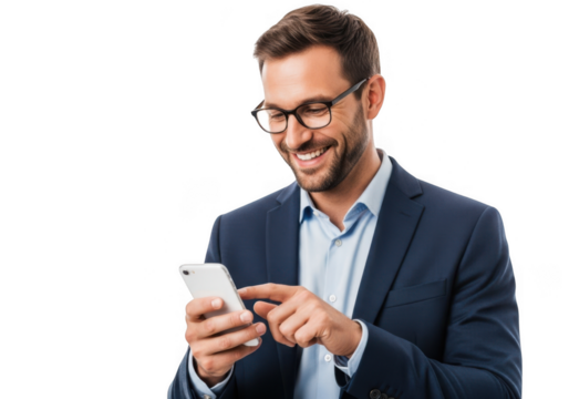 Smiling businessman using smartphone isolated on transparent background