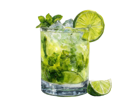 Vibrant, hand-drawn mojito in a glass.  Fresh lime slices, icy cubes, and sprigs of vibrant green herbs top the drink - Powered by Adobe