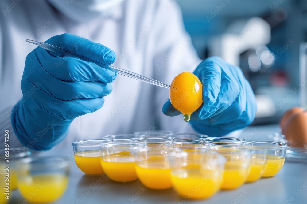 Aufkleber scientist conducts quality control tests on genetically modified eggs in laboratory setting to asses