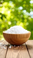 Wooden bowl of white salt crystals against a blurred green background
