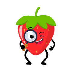 Cute Hand Drawn Curious Strawberry with Magnifying Glass