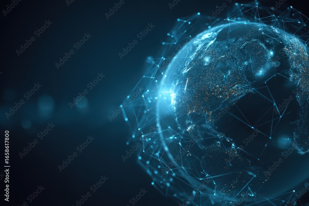 Poster futuristic blockchain technology visualization featuring a glowing digital globe interconnected by l