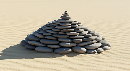 Zen stone cairn balanced on rippled sand dunes under bright sunlight
