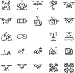 Drone technology icons, aerial photography, quadcopter, remote control, battery, camera, GPS, surveillance, delivery drone, VR goggles, mapping, UAV, innovation outline set