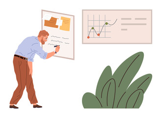 Man writing on a board with sticky notes and graphs, adjacent a chart with statistics, green indoor plant. Ideal for planning, analysis, teamwork, brainstorming, productivity, office organization