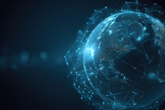 Futuristic blockchain technology visualization featuring a glowing digital globe interconnected by lines and nodes representing advanced data sharing and security - Powered by Adobe