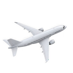 A sleek white passenger jet airplane in flight viewed from below isolated on transparent background