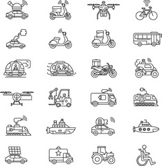 Transportation mobility icons, smart vehicles, electric cars, drones, scooters, bicycles, bus, train, ship, submarine, tractor, wheelchair, delivery, logistics, futuristic transport outline set