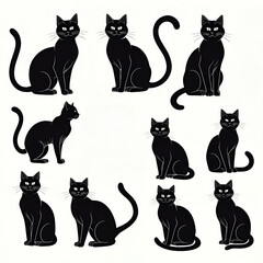 Black cat silhouette vector illustration showing elegant feline outline in sitting and walking poses. Perfect for logos, icons, prints, and design elements.